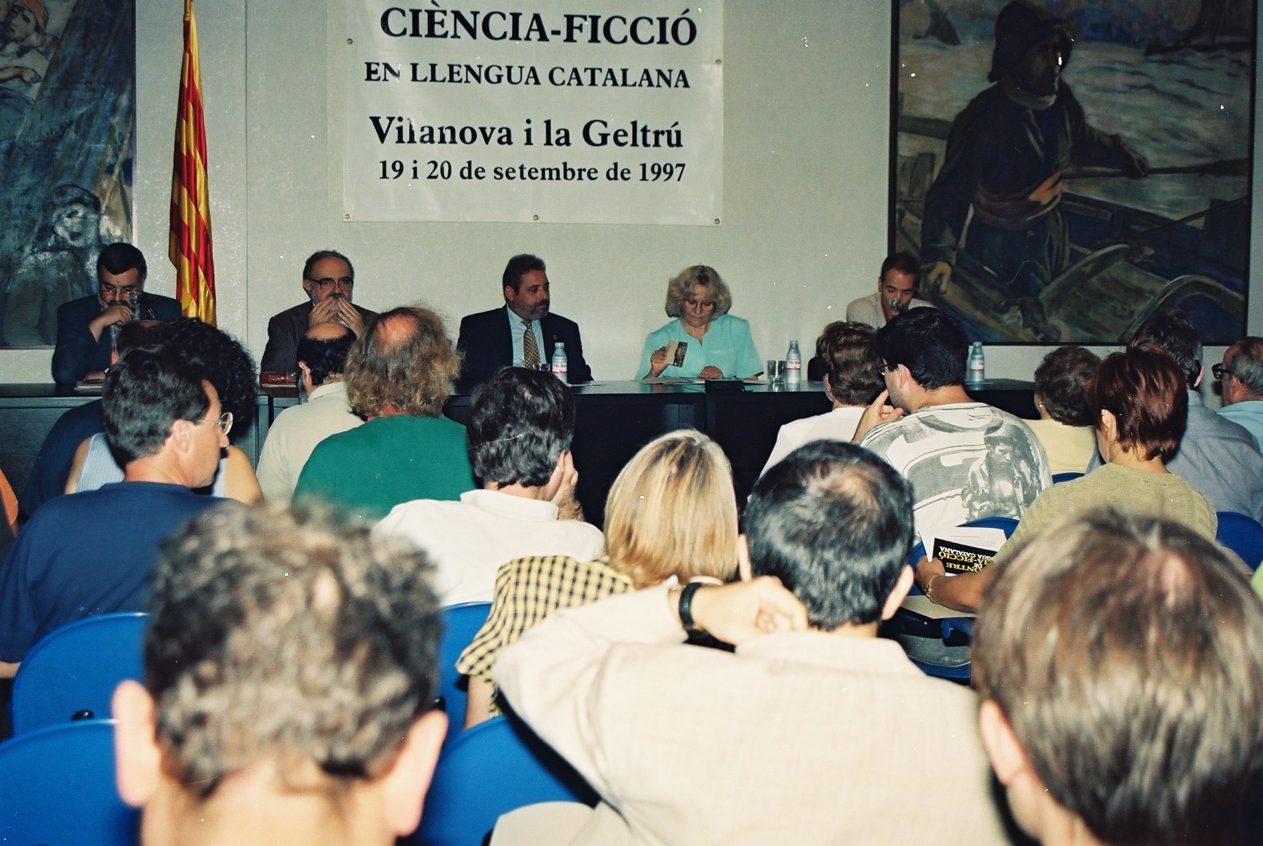 Inauguració del I Encontre el 1997 amb Jaume Fuster, president de l'AELC; Jordi Sarsanedas, degà de l'a ILC; Esteve Orriols, alcalde de Vilanova, i Isabel-Clara Simó, aleshores delegada del llibre.
